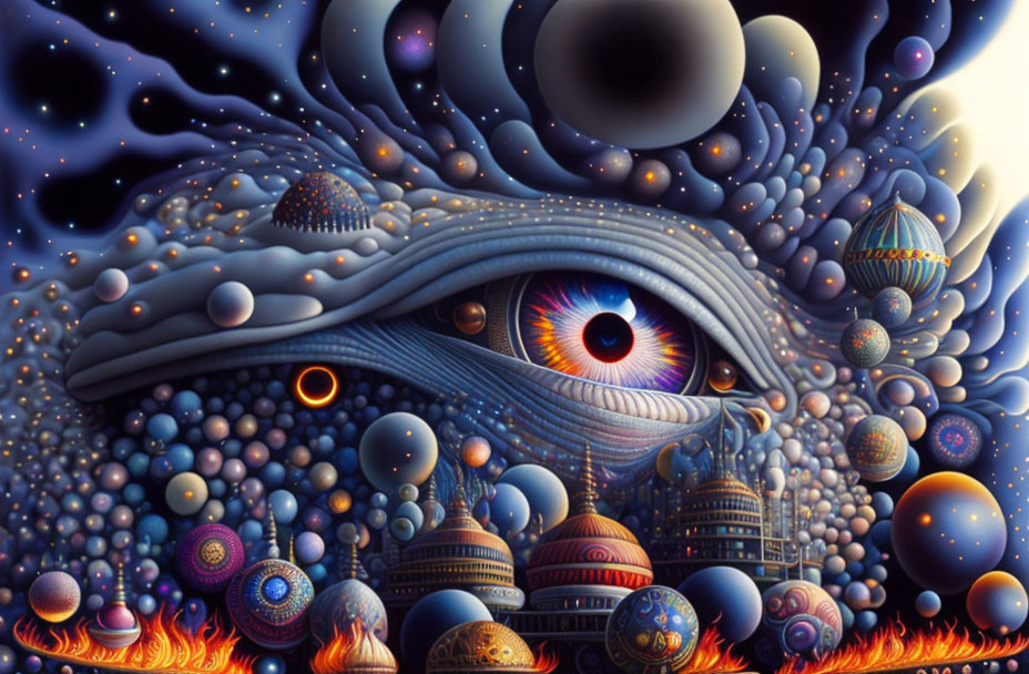 Colorful Psychedelic Artwork with Eye and Celestial Motifs