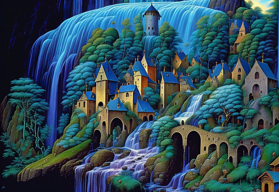 Fantastical landscape with waterfalls, castles, and lush greenery