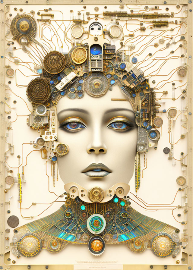 Digital portrait of woman with mechanical headdress and collar on cream background