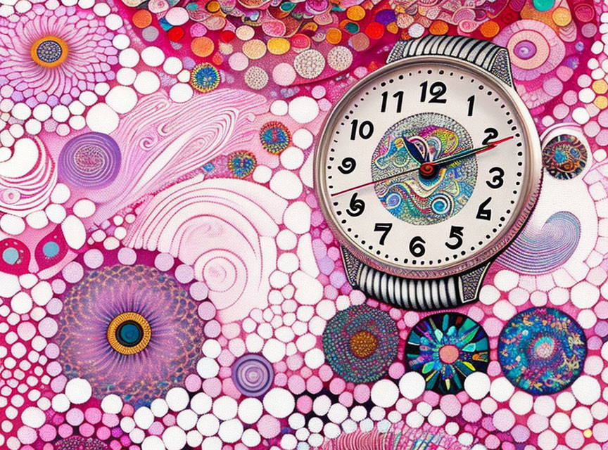 Colorful Psychedelic Art Painting with Detailed Wristwatch & Fractals