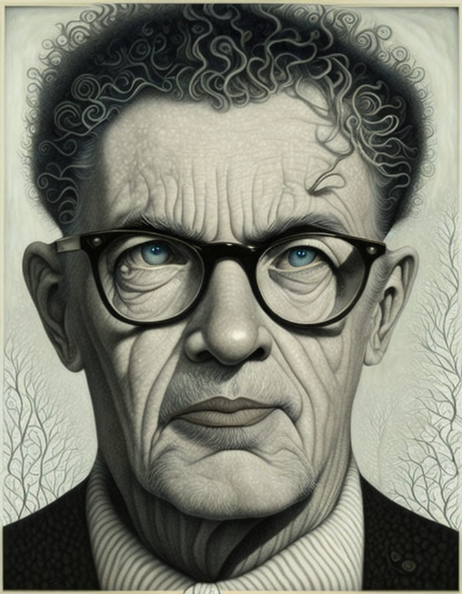 Detailed Illustration of Stern Man with Curly Hair & Glasses