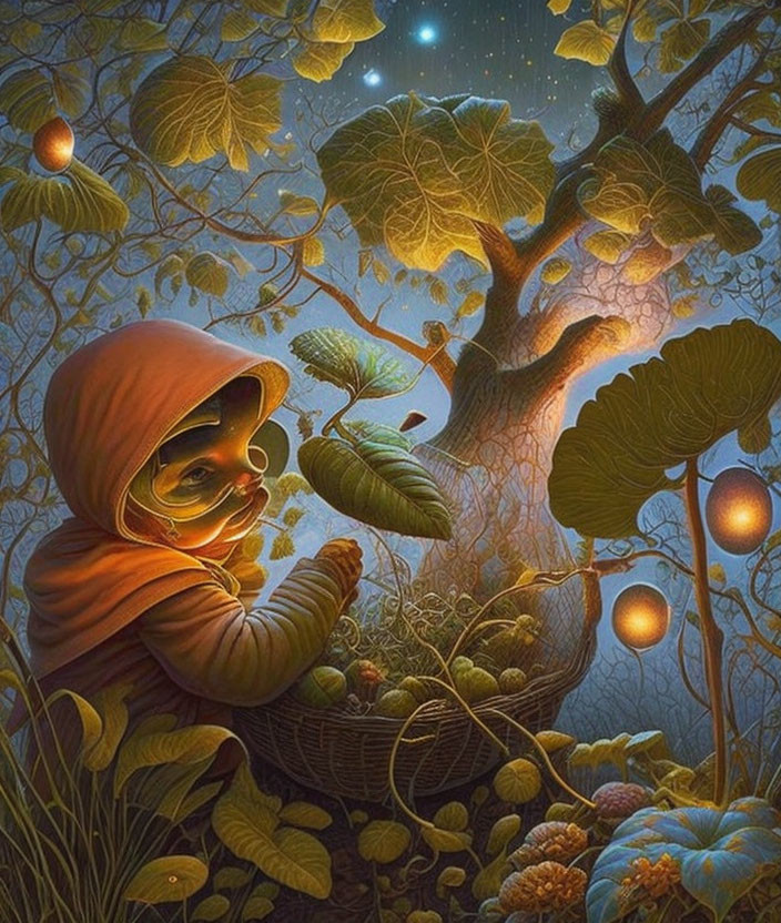 Illustrated character in red hood collects glowing fruits in enchanted forest at night