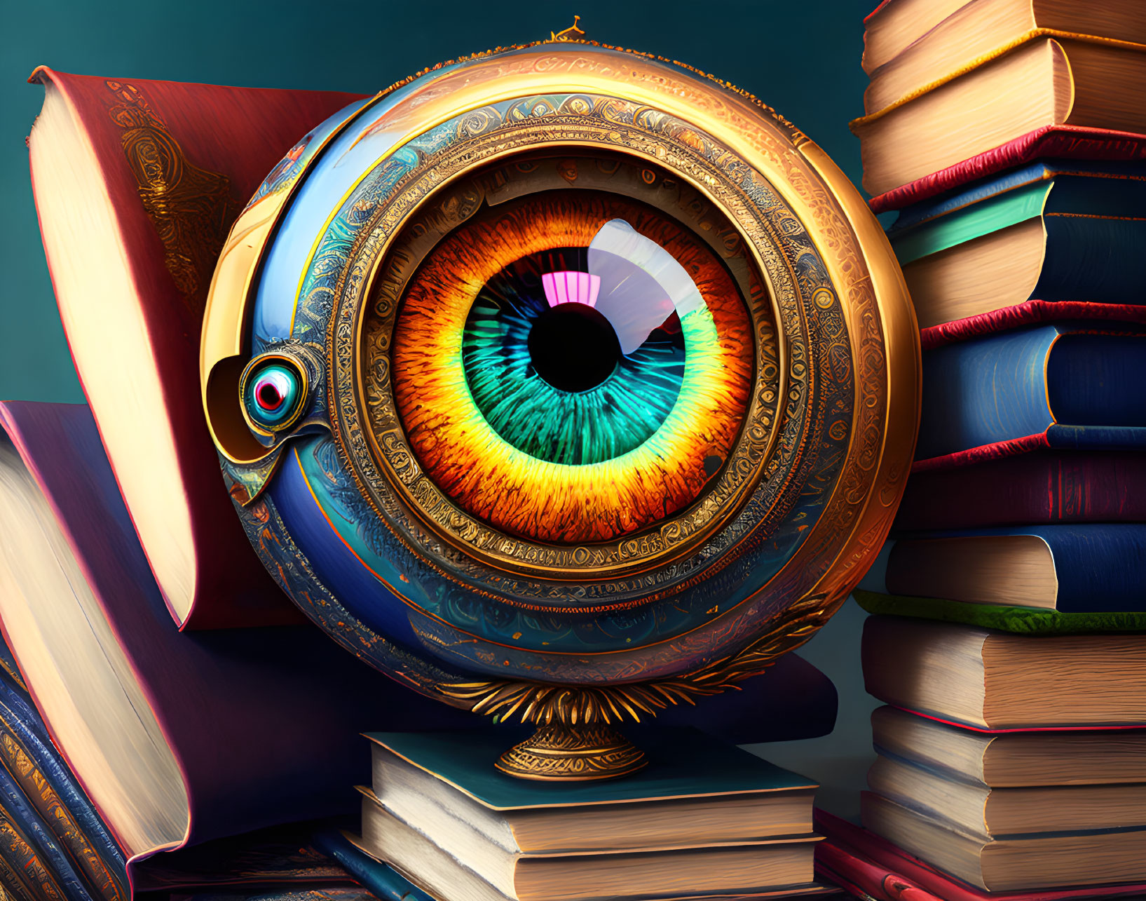 Colorful Human Eye in Vintage Speaker Surrounded by Books