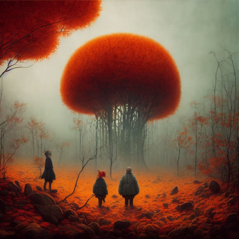 Three Figures in Vintage Clothing in Misty Autumn Forest with Dome-Shaped Tree