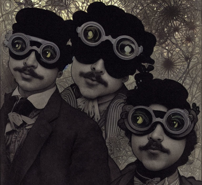 Vintage Attire Individuals with Stylized Goggles on Patterned Background