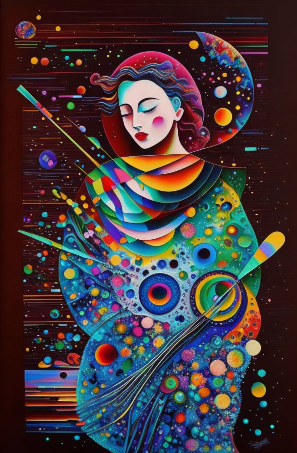 Colorful abstract female figure with cosmic and floral elements on dark background