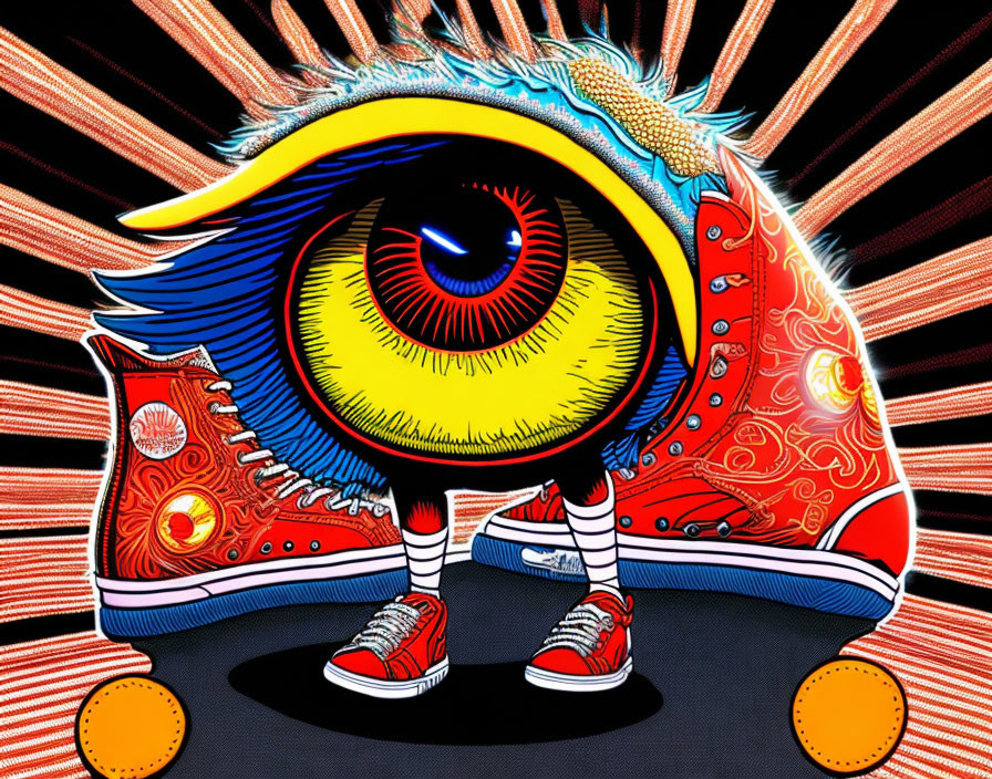 Colorful oversized eye illustration with psychedelic patterns and red sneakers on black background.