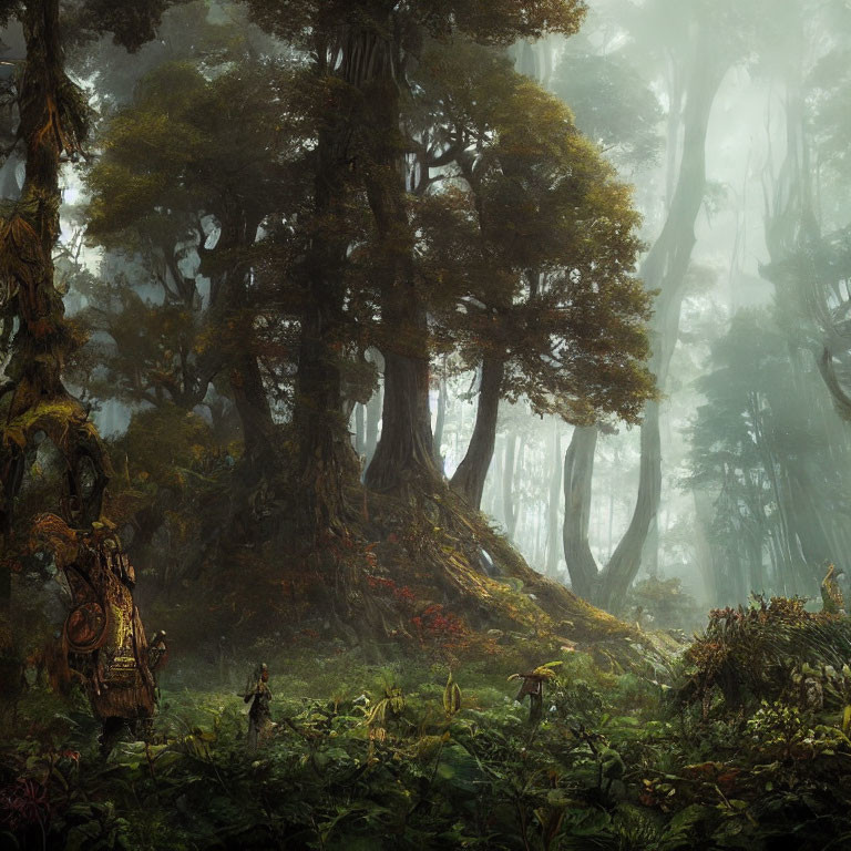 Ancient forest scene with towering trees, moss, fog, and mysterious tree carving