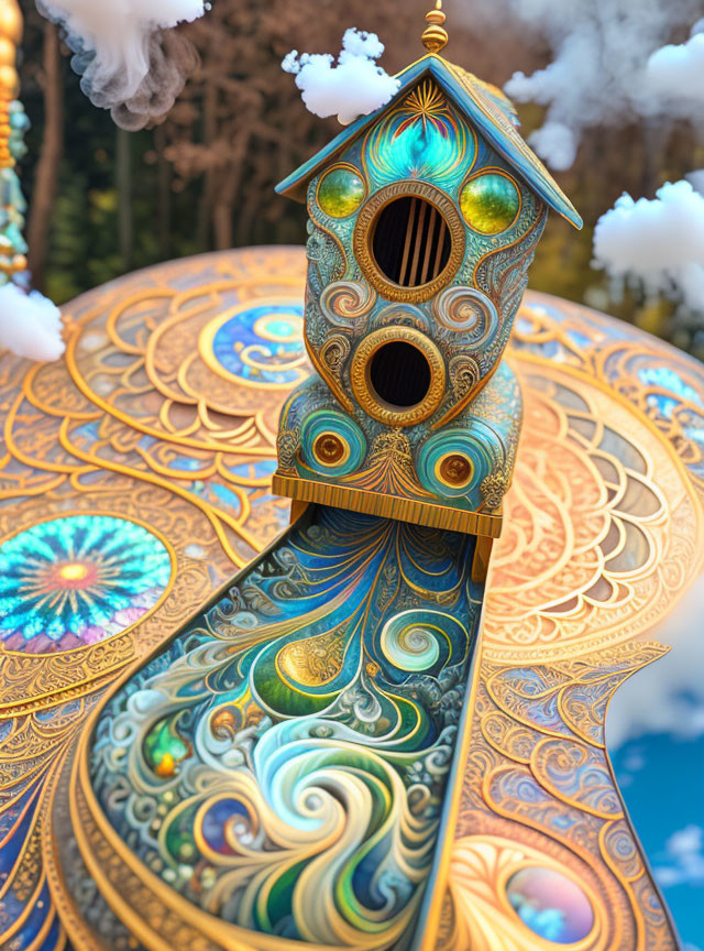 Ornate birdhouse with blue and gold patterns in snowy forest