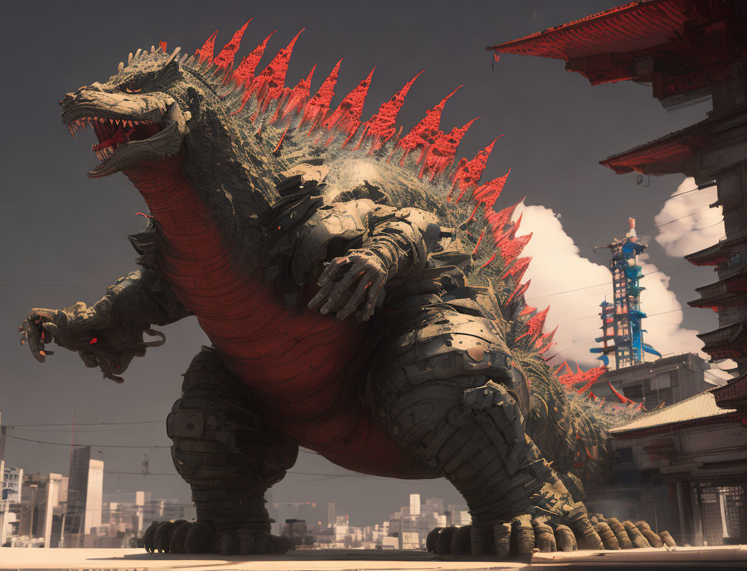 Giant Godzilla with red spines in cityscape under cloudy sky