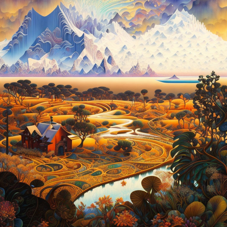 Colorful surreal landscape with autumn trees, winding paths, cabin, mountains & flora.