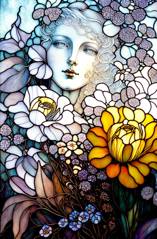 Serene face surrounded by blooming flowers in art nouveau style