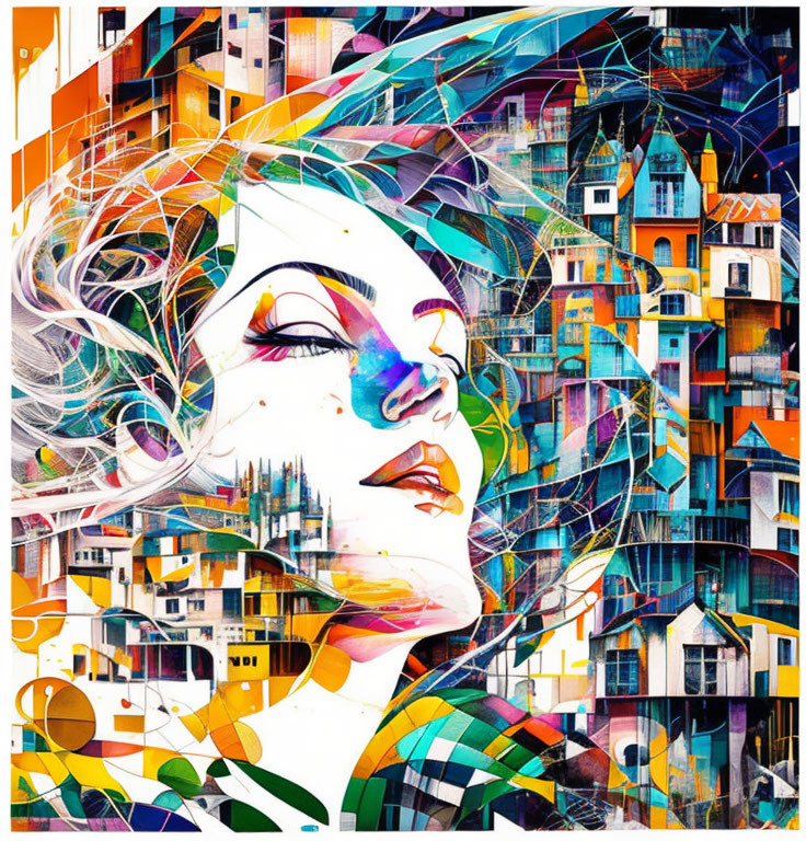 Colorful abstract art: Woman's face merges with intricate architecture and swirling patterns