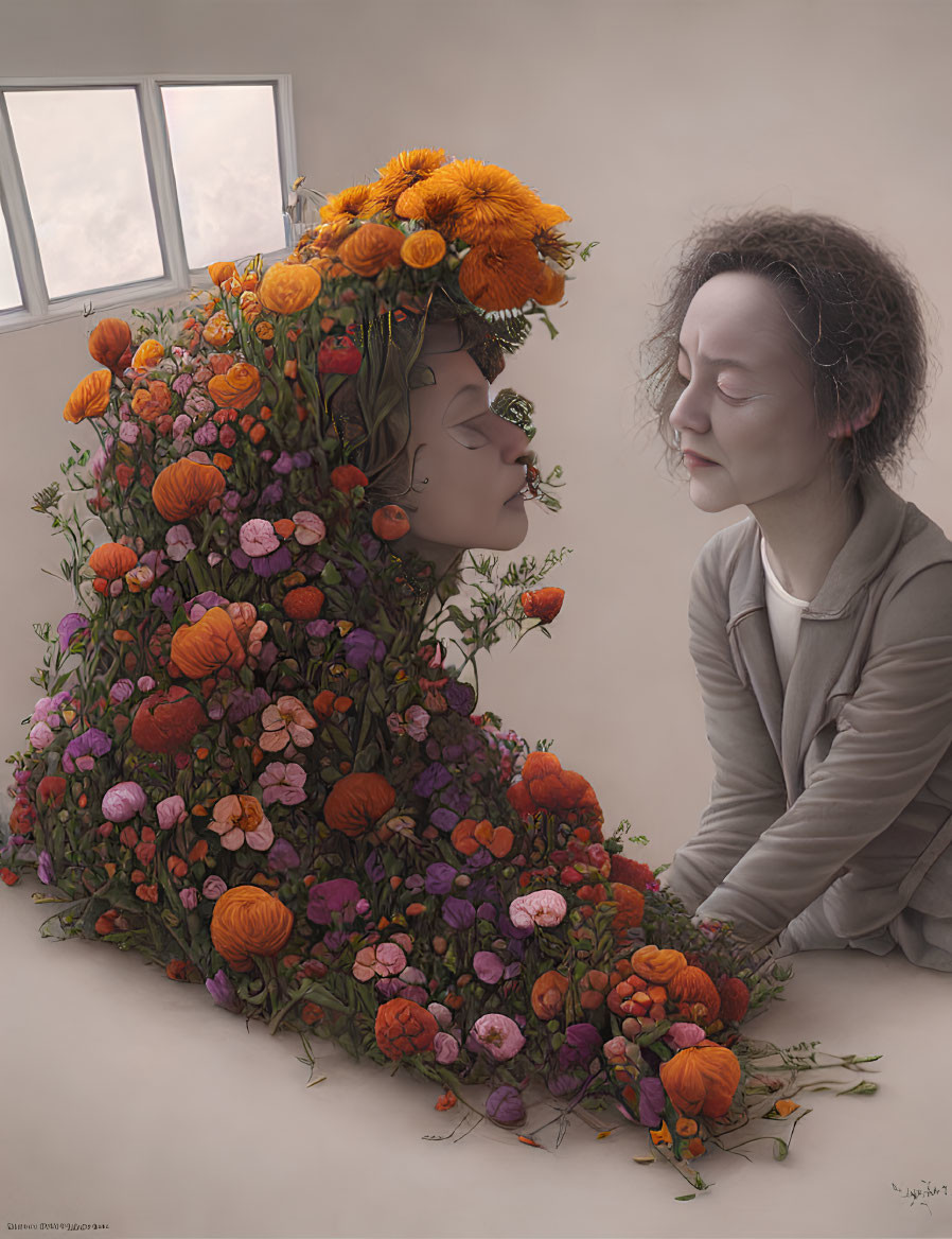 Artwork featuring person with floral head in tranquil introspection