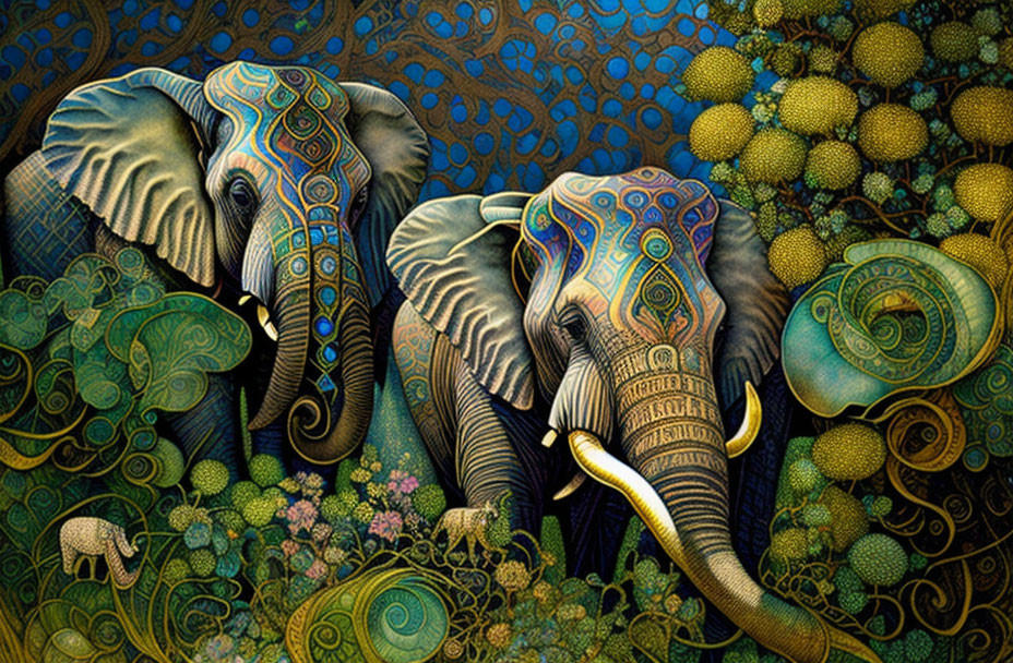 Elaborately patterned elephants in intricate, colorful foliage