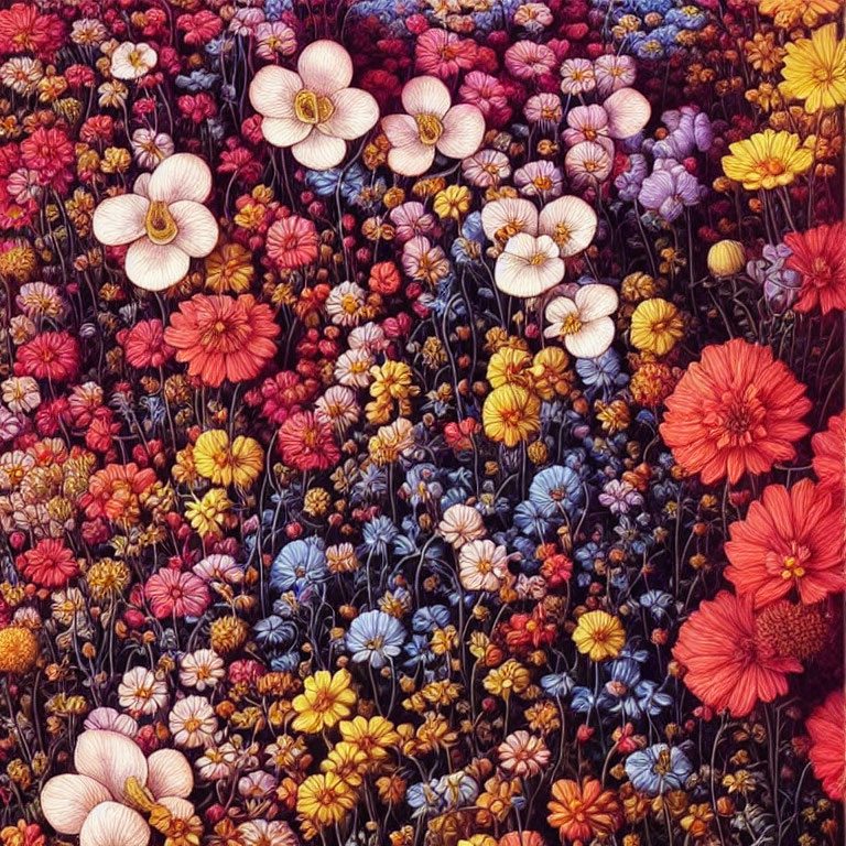 Colorful Floral Tapestry of Intricate Illustrated Flowers