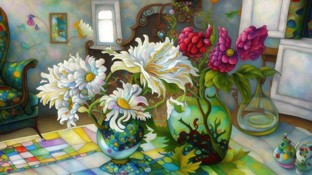 Colorful painting of oversized flowers in patterned vase in whimsical room