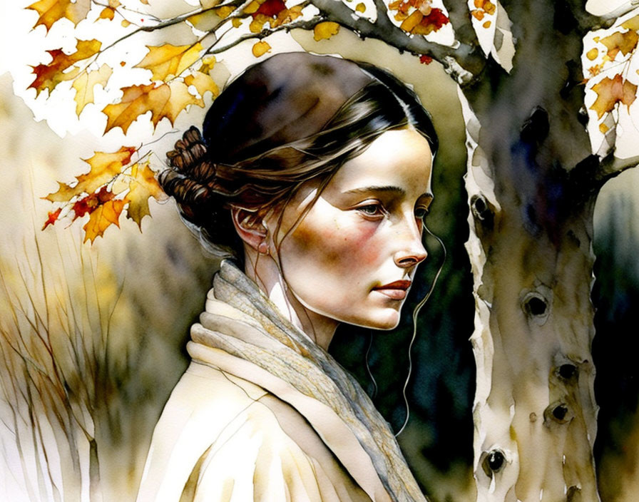 Watercolor painting of contemplative woman with braid and autumn tree background