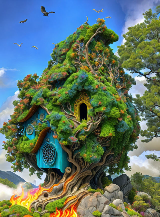 Intricate treehouse surrounded by lush greenery and fiery base