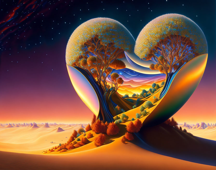 Surreal heart-shaped landscape with trees in desert setting