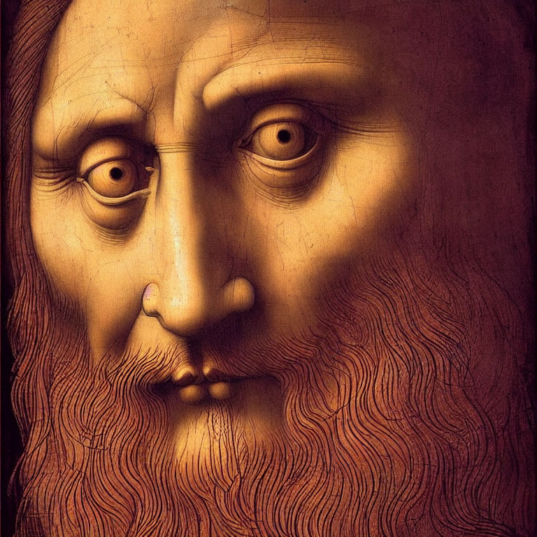 Detailed Renaissance-era painting of a man with curly beard and dramatic lighting.