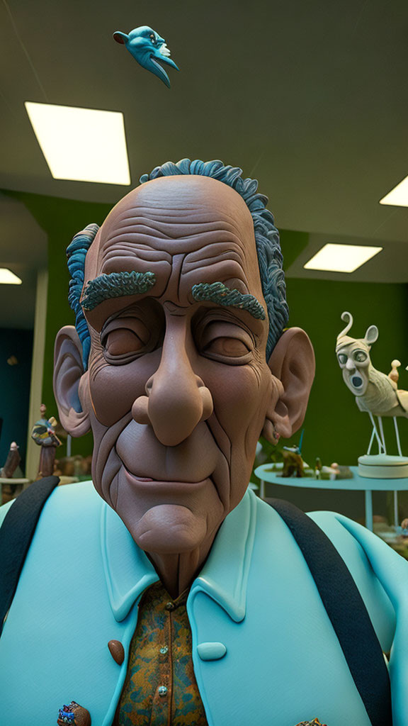 Detailed Caricature of Elderly Man in Teal Jacket with Blue Bird and Sculptures