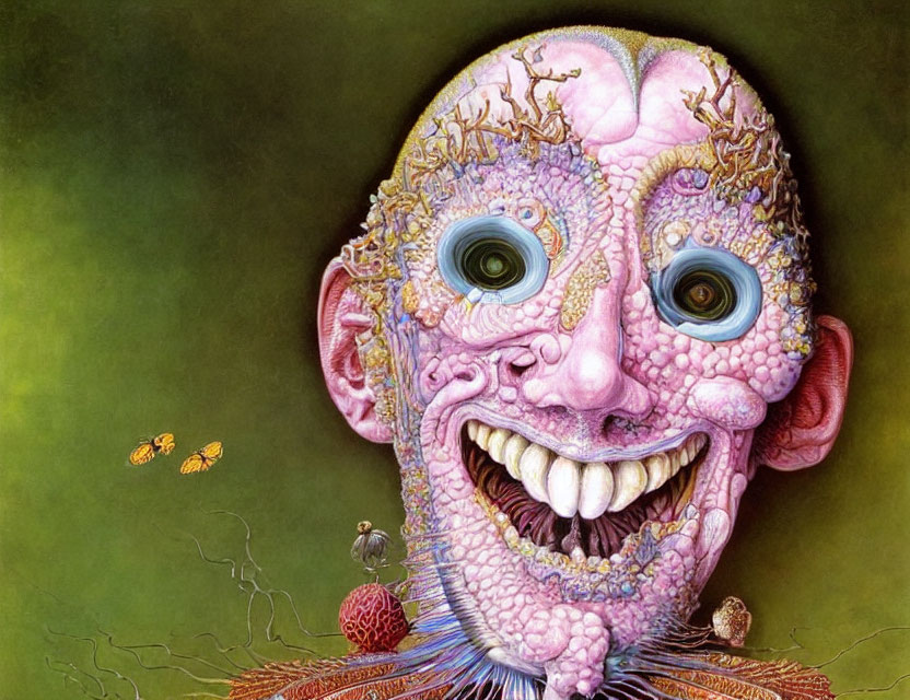 Vibrant surreal painting of smiling humanoid face with golden creatures