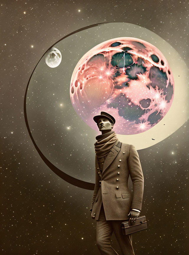 Vintage suit gentleman gazes at surreal cosmic scene with pink planet.