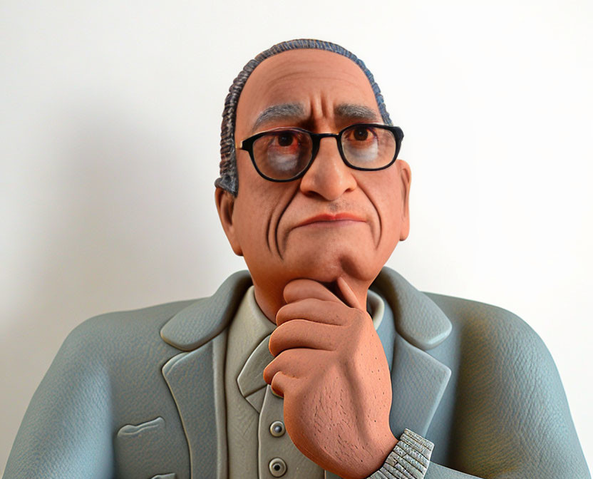 Exaggerated man figurine with glasses, coat, tie, hand on chin