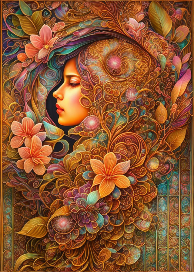 Colorful Stylized Portrait of Woman with Floral Patterns