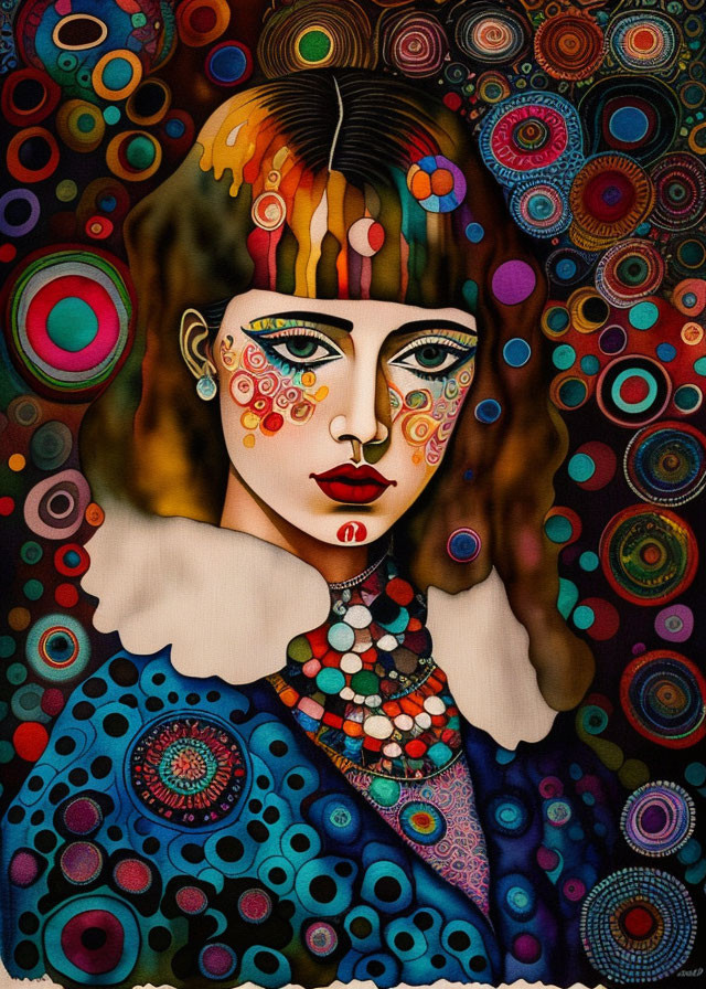 Colorful Abstract Portrait of Woman with Patterned Face Paint and Attire