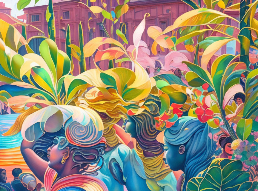 Colorful illustration of people in lush foliage with intricate details