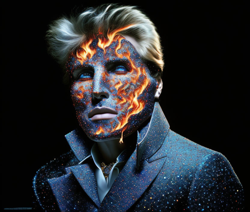 Cosmic-themed digital artwork with starry skin and fiery eyes