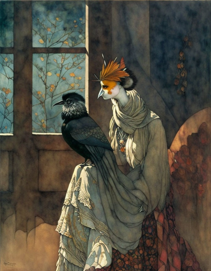 Illustration of person with bird-like head in regal attire beside crow, floral backdrop & window with