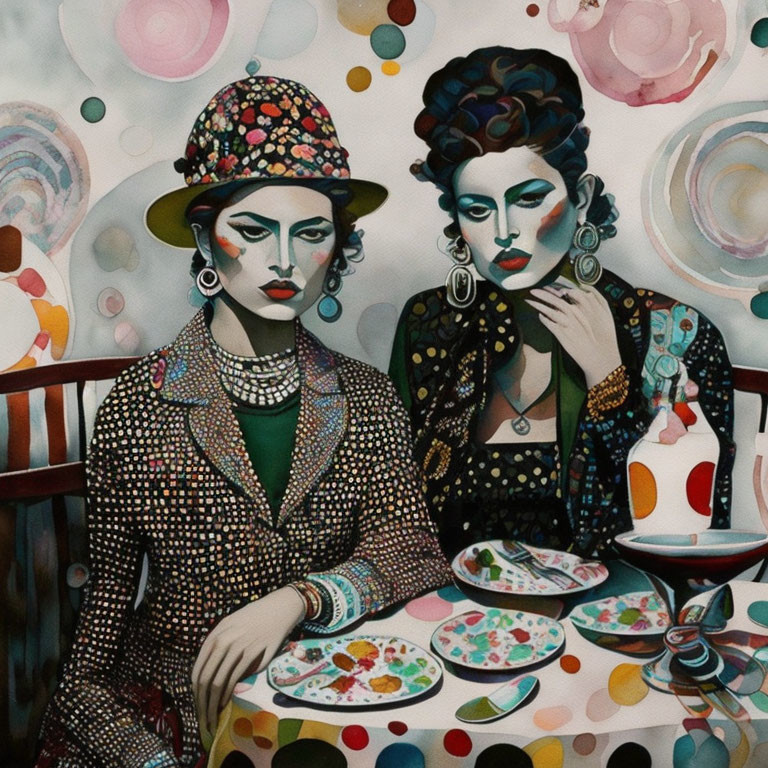 Stylized women in vintage fashion with intense gazes at a colorful table against a polka-dot