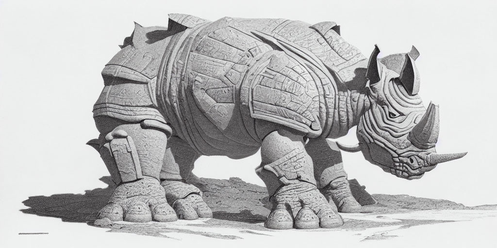 Detailed drawing of mechanical rhinoceros with segmented armor plating on textured ground.