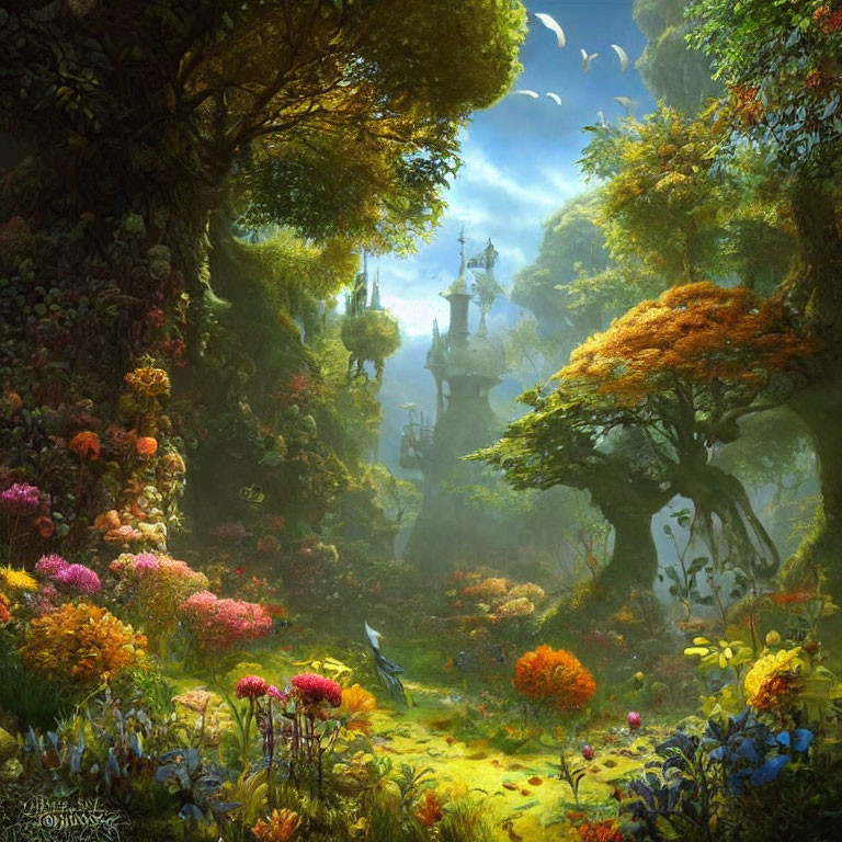 Lush forest with castle, colorful flowers, and ethereal light