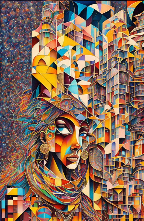 Colorful Female Portrait Blended with Abstract Cityscape in Starry Sky