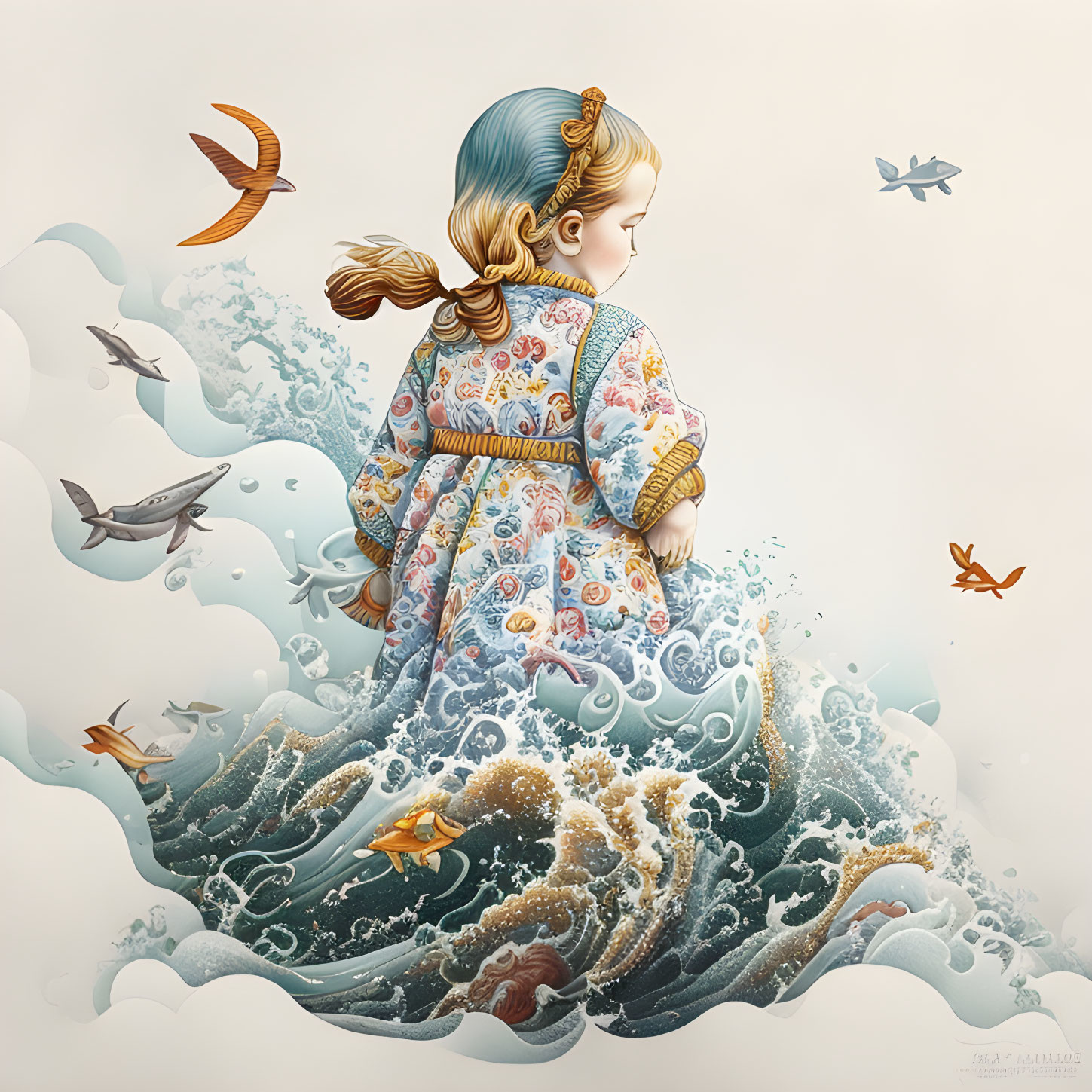 Surreal girl with dress merging into wave, surrounded by flying fish and birds