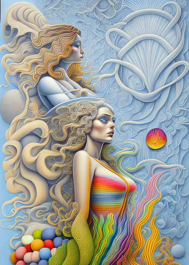 Stylized female figures with flowing hair in abstract setting