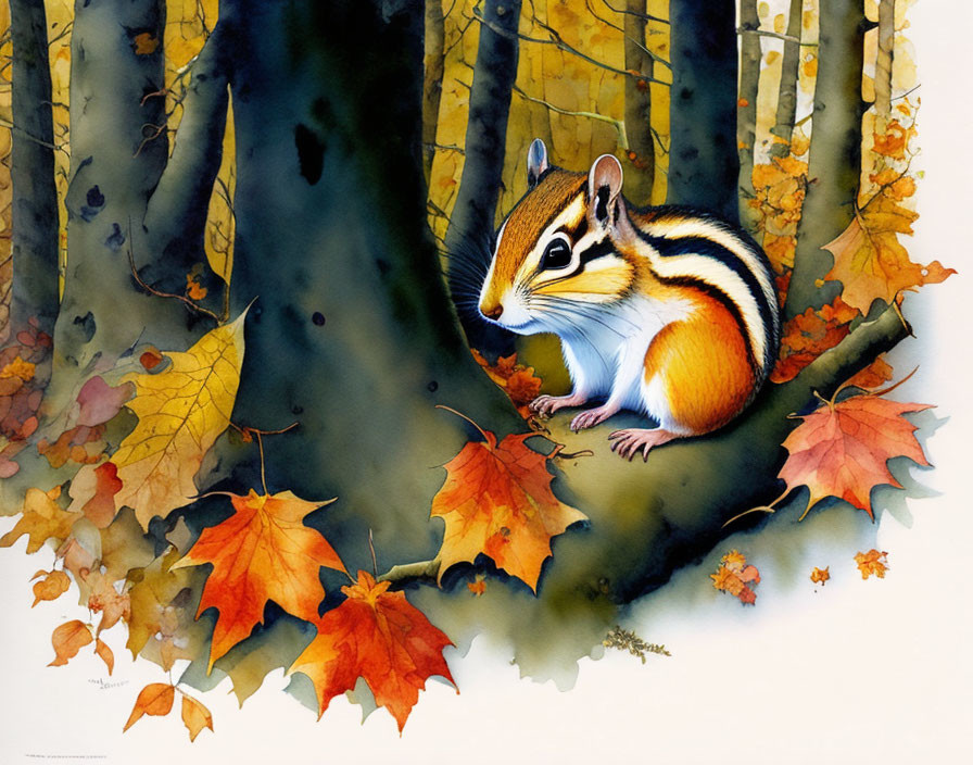 Chipmunk in autumn forest with leaves and trees