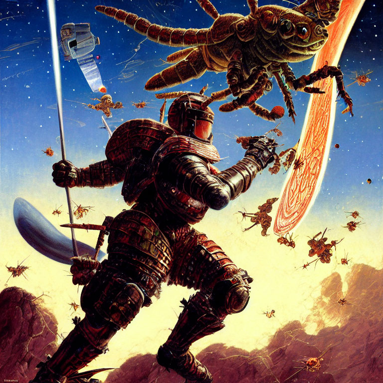 Samurai astronaut battles giant alien insects on rocky alien terrain