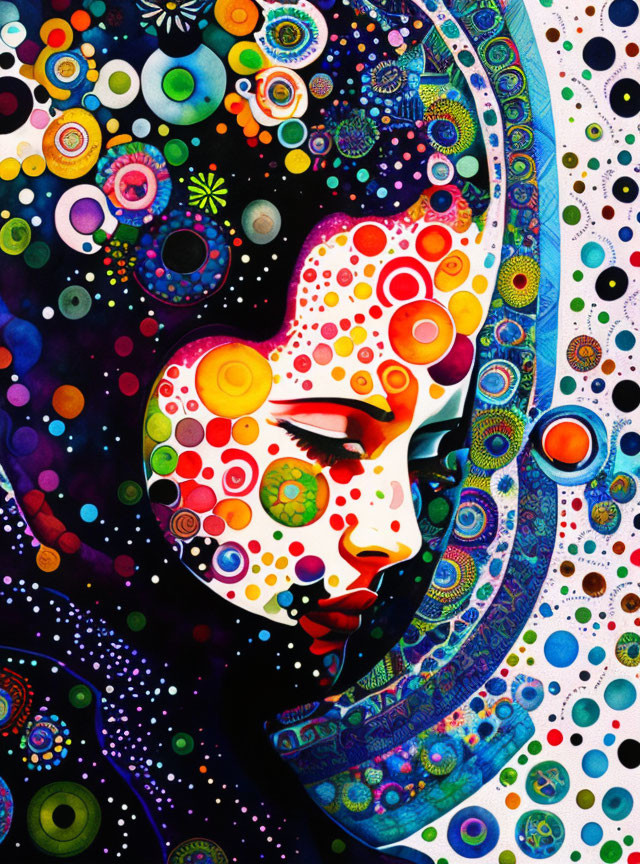 Colorful Psychedelic Profile Illustration with Cosmic Motifs