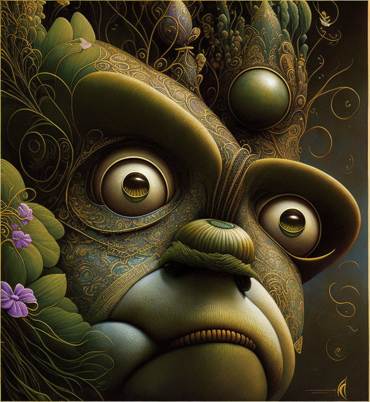 Surreal artwork of stylized creature with golden eyes and ornate patterns, surrounded by foliage and