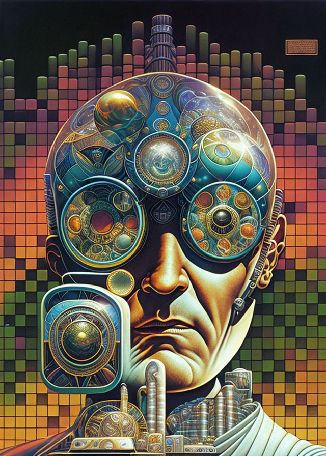 Detailed illustration of humanoid with transparent head showing gears on geometric backdrop