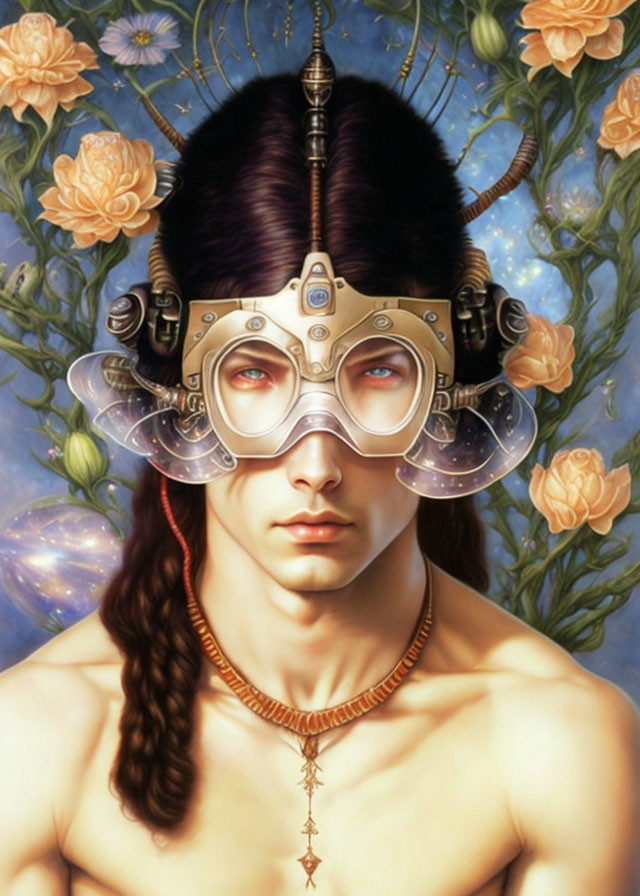 Illustrated portrait of a person with dark hair in futuristic headpiece against floral cosmic backdrop