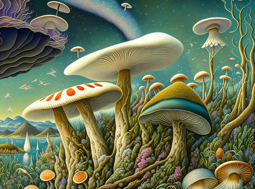 Colorful psychedelic fantasy landscape with oversized mushrooms, plants, dark cloud, and comets.