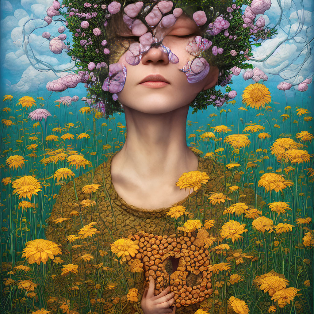 Surreal portrait featuring person with floral headpiece and beehive dress among yellow daisies