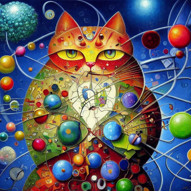 Colorful Segmented Cat Painting with Cosmic Background and Vibrant Orbs