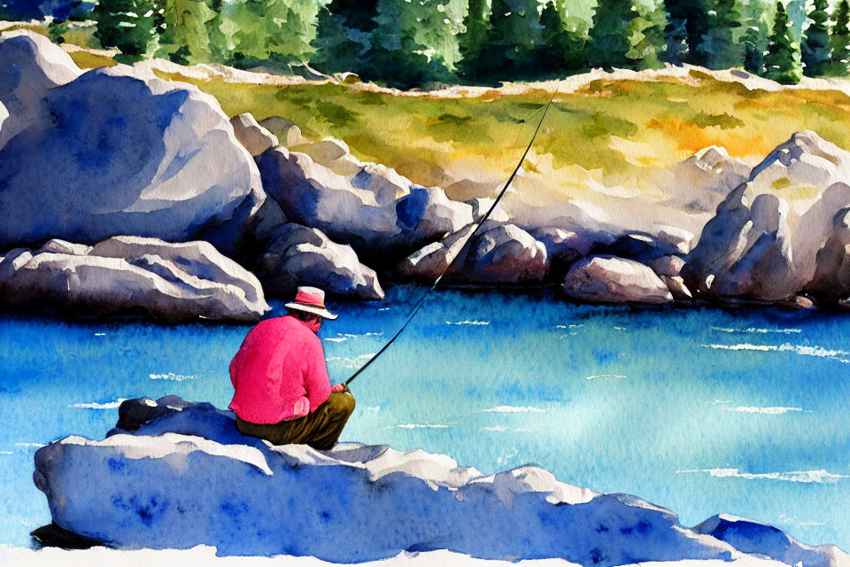 Tranquil watercolor landscape: person fishing by blue lake